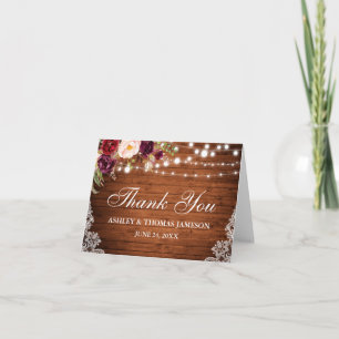 Agradecimiento Luces Florales de Madera para Boda Rústica Tarjeta