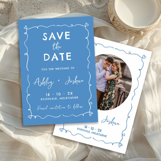 Agradecimiento Mano caprichosa de la boda Guardar la tarjeta de f (Blue Whimsical Hand Drawn Wedding Save The Date Card, Blue Hand Drawn Save The Date, Trendy Photo)