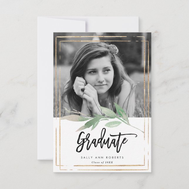 Agradecimiento marco verde tarjeta de graduación de foto de oro f (Anverso)
