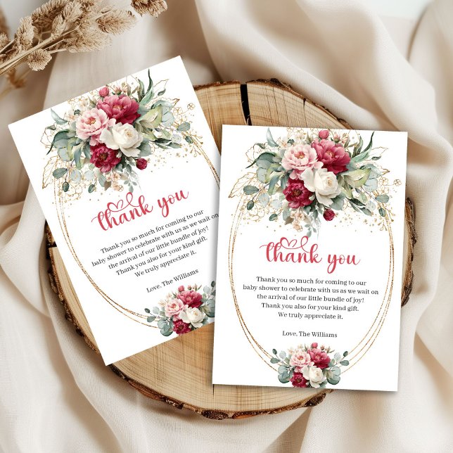Agradecimiento Moderno de Baby Shower con Toques d (Modern Red Blush Greenery Baby Shower Thank You Card)
