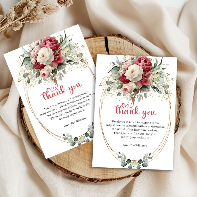 Agradecimiento Moderno de Shower de Bebé con Flore (Modern Red Burgundy Gold Floral Baby Shower Thank You)