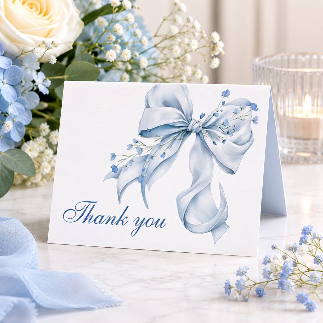 Agradecimiento Moderno para Fiesta de Despedida de (Modern blue bow coquette bridal shower thank you card)