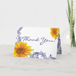 Agradecimiento Ornate Royal Blue Yellow Sunflowers Tarjeta de agr