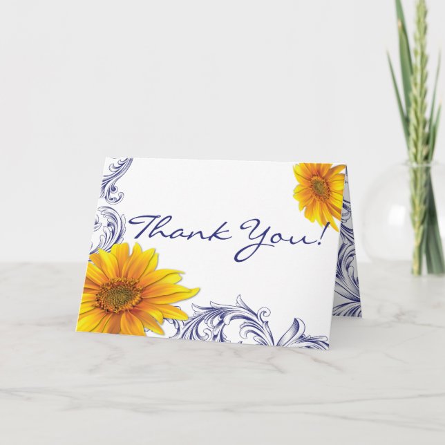 Agradecimiento Ornate Royal Blue Yellow Sunflowers Tarjeta de agr (Anverso)