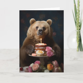 Agradecimiento oso pardo con tarjeta de bizcocho de cumpleaños