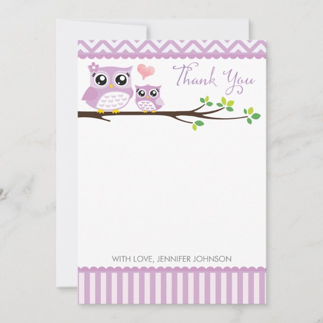 Agradecimiento Owl Baby Shower Gracias Chica De La Tarjeta Purple (Anverso)
