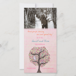Agradecimiento Pájaros en rosado de árbol gracias tarjeta fotográ