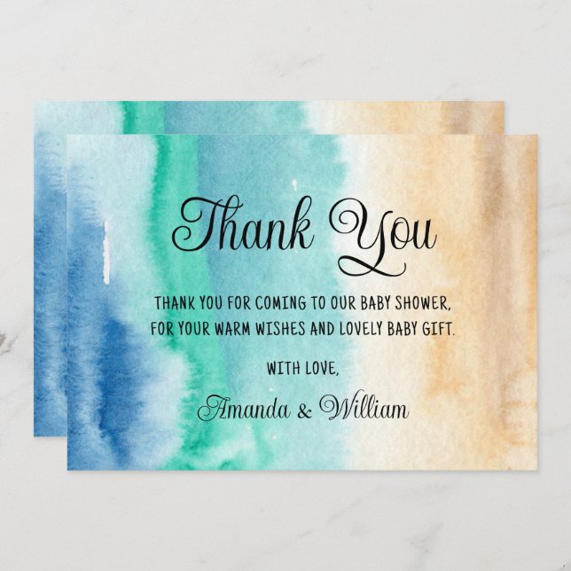 Agradecimiento para Baby Shower de Acuarela de Pla (Anverso / Reverso)