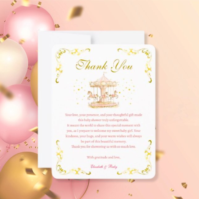 Agradecimiento Pony Rosa y Gold Dreams - Tarjeta de agradecimient (pink-and-gold-pony-carousel-baby-shower-thank-you-card)