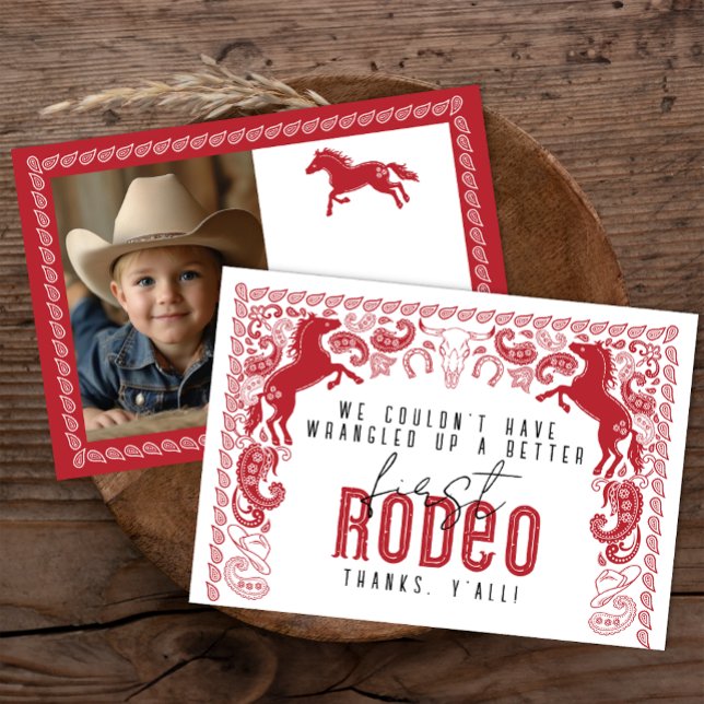 Agradecimiento Primera tarjeta de cumpleaños de Rodeo - Western C (Red 1st Rodeo Birthday Party Thank You Card)