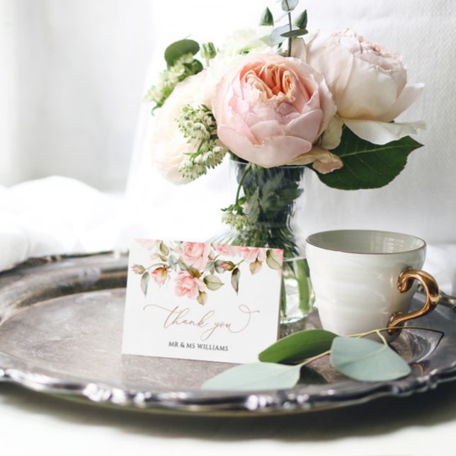 Agradecimiento Rosa rosa y verde deja Boda tarjeta de agradecimie (Subido por el creador)