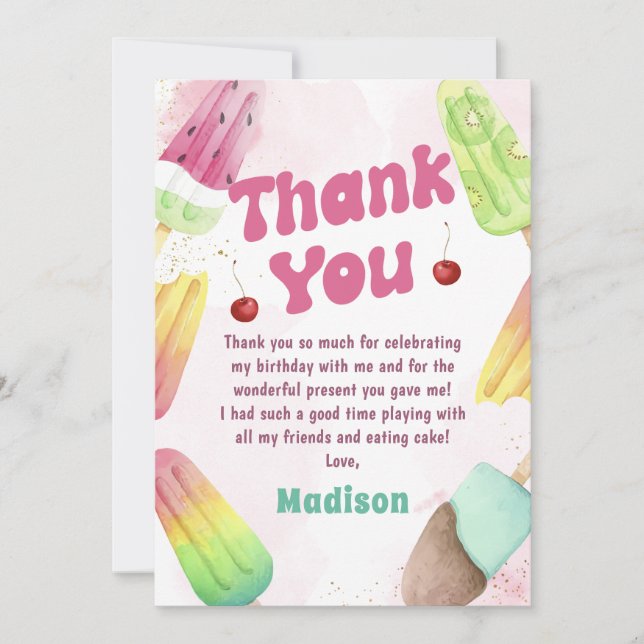 Agradecimiento Summer Popsicle Chica Rosa Cumpleaños Tarjeta de a (Anverso)