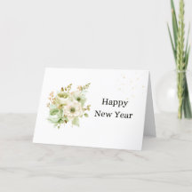 Tarjeta de Año Nuevo elegante con flores blancas a
