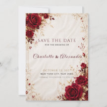 Tarjeta de aviso de boda floral roja borgoña y dor