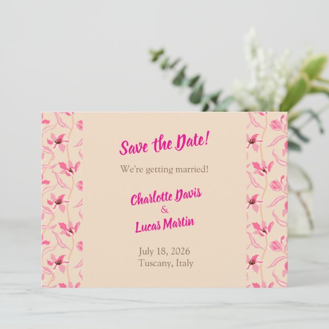 Agradecimiento Tarjeta de aviso de fecha Beige y rosa blush flora (Anverso de pie)
