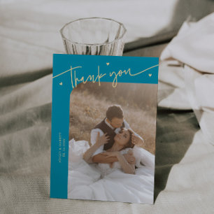 Agradecimiento Tarjeta de boda de guión moderno corazón azul acua