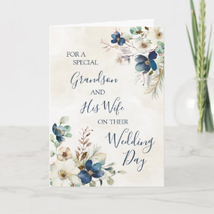Agradecimiento Tarjeta de boda floral azul para nieto y esposa