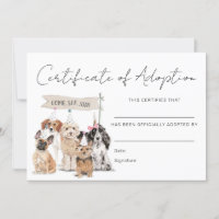 Tarjeta de certificado de adopción de perro de por