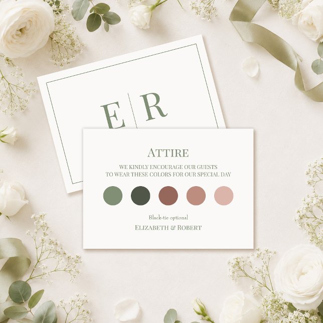 Agradecimiento Tarjeta de código de vestimenta de boda blanca y o (White & Olive Wedding Attire Dress Code Card on a wedding table with white roses and decor.)