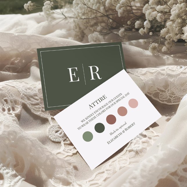 Agradecimiento Tarjeta de código de vestimenta para invitados de  (Olive Green Wedding Attire Guest Dress Code Card on a boho wedding table.)