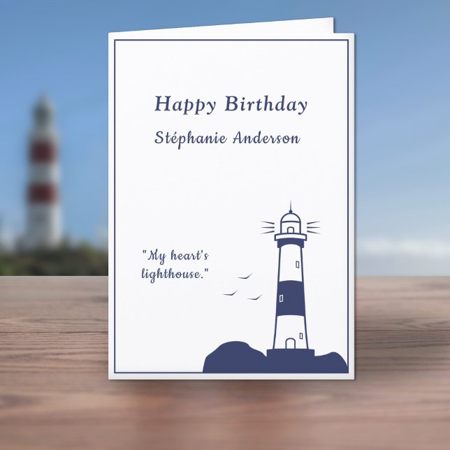 Agradecimiento Tarjeta de cumpleaños azul de la Marina del Faro (Lighthouse Navy Blue Birthday Card )