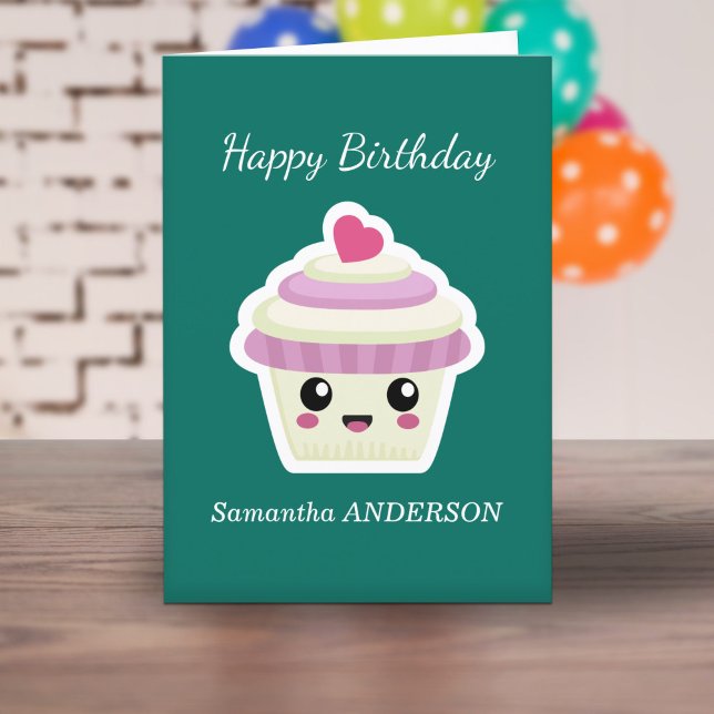 Agradecimiento Tarjeta de cumpleaños Cupcake Kawaii (Cupcake Kawaii Birthday Card)