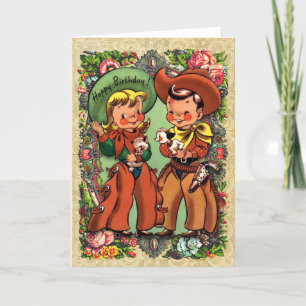 Agradecimiento Tarjeta de cumpleaños Cute Cowboy y Cowgirl