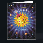 Agradecimiento Tarjeta de cumpleaños Daughter Cute<br><div class="desc">Una tarjeta de cumpleaños divertida para tu hija. En el interior se lee: "Hoy es tu día para ser el centro del Universo. "Un naranja que celebra,  un sol amarillo y rojo con un gorra fiesta y un soplador irradia felicidad a todas las estrellas celestiales del tiro.</div>