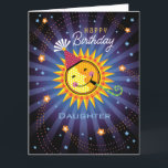 Agradecimiento Tarjeta de cumpleaños Daughter Cute<br><div class="desc">Una tarjeta de cumpleaños divertida para tu hija. En el interior se lee: "Hoy es tu día para ser el centro del Universo. "Un naranja que celebra,  un sol amarillo y rojo con un gorra fiesta y un soplador irradia felicidad a todas las estrellas celestiales del tiro.</div>