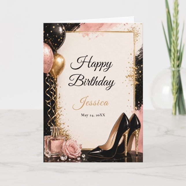 Agradecimiento Tarjeta de cumpleaños Glam Blush Oro Negro (Anverso)