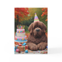 Tarjeta de cumpleaños marrón de Newfie en otoño