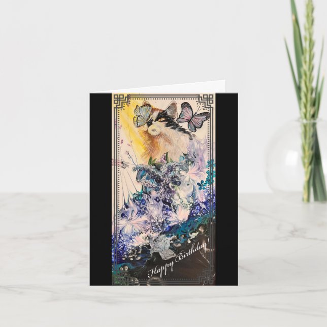 Agradecimiento Tarjeta de cumpleaños para gatos y mariposas (Anverso)