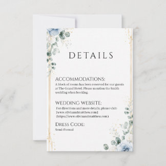 Agradecimiento Tarjeta de detalles de boda dorada floral azul pol