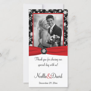 Agradecimiento Tarjeta de foto Boda Black, White, Red Snowflakes