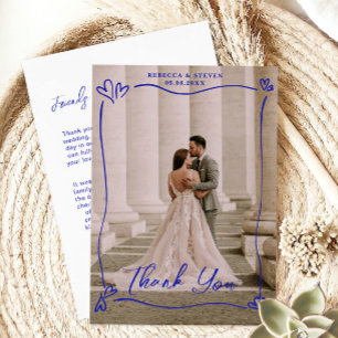 Agradecimiento Tarjeta de Foto Boda Corazón Garabato Azul Bordes