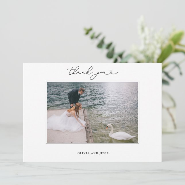 Agradecimiento Tarjeta de foto de boda Simple Script Heart Thank  (Anverso de pie)