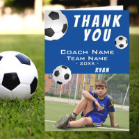 Tarjeta de Foto Fútbol Azul Gracias Entrenador