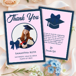 Agradecimiento Tarjeta de graduación con lazo de gingham azul mar
