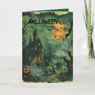 Agradecimiento Tarjeta de Halloween con casa y escena fantasmal