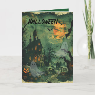 Agradecimiento Tarjeta de Halloween con casa y escena fantasmal