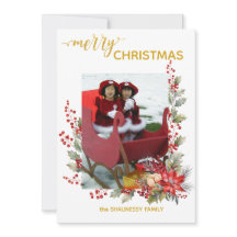 Tarjeta de Navidad con bayas de acebo y poinsettia
