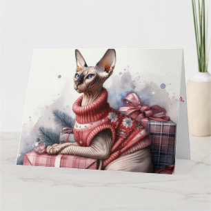 Agradecimiento Tarjeta de Navidad de Gato Sphynx Acuarela Navidad