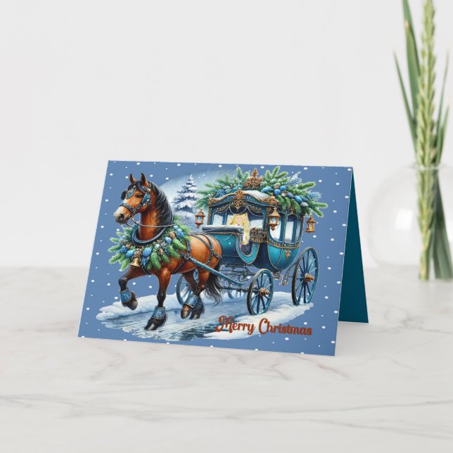 Agradecimiento Tarjeta de navidades con caballos y buggy y pasaje (Anverso)