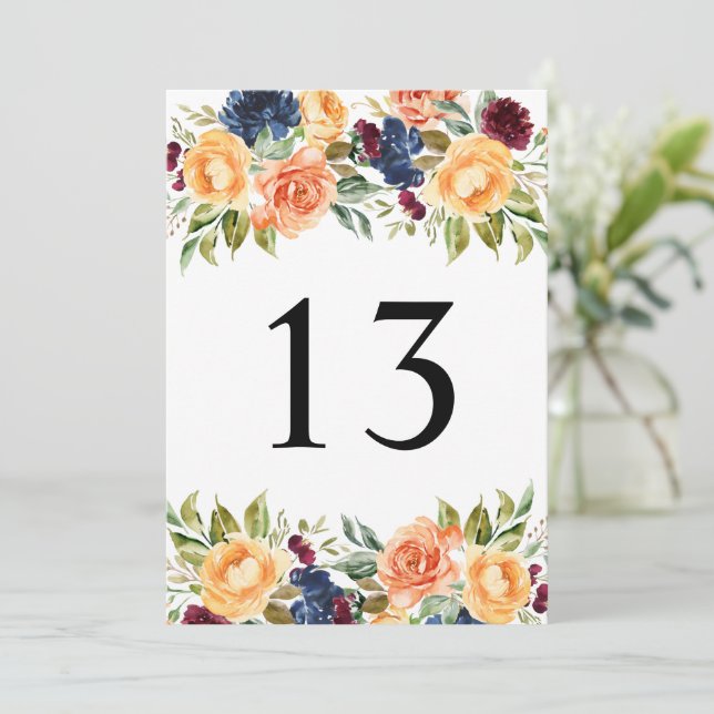 Agradecimiento Tarjeta de número de mesa de boda floral de otoño  (Anverso de pie)