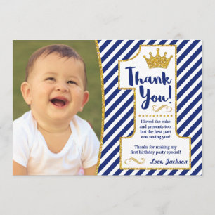 Agradecimiento Tarjeta de príncipe First Birthday Thank You