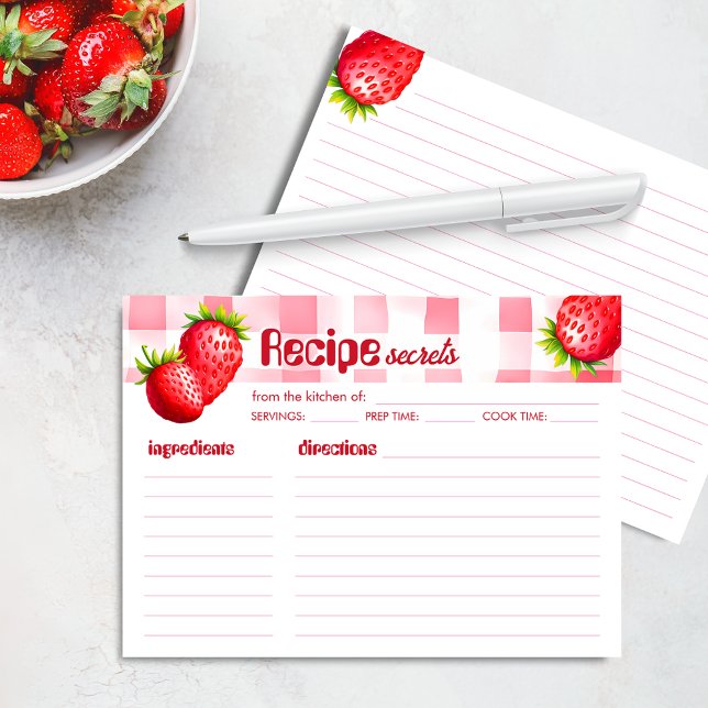 Agradecimiento Tarjeta de receta Retro de fresa Baby Shower Gingh (Strawberry Retro Recipe Card menu Baby Shower New Mom mother-to-be advice vintage gingham keepsake)
