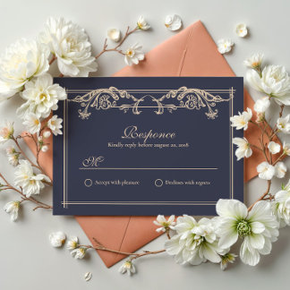 Agradecimiento Tarjeta de respuesta de boda barroca azul marino