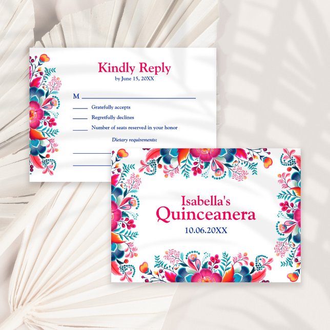 Agradecimiento Tarjeta de Respuesta para Fiesta Mexicana de Quinc (Floral Quinceanera Fiesta Mexicana RSVP Card on a white sunny dry palm leaf.)