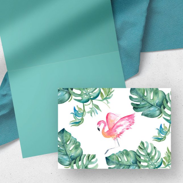 Agradecimiento Tarjeta de saludo Flamingo Rosado Tropical (tropical thank you cards watercolor pink flamingo & monstera leaf watercolor by Victoria Grigaliunas)