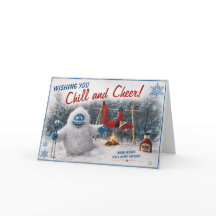 Tarjeta divertida de Navidad con Yeti y Elfo Asado